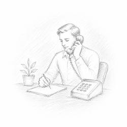 Bleistiftzeichnung eines Mannes am Schreibtisch mit Telefonhörer am Ohr und Bleistift für Notizen in der Hand.